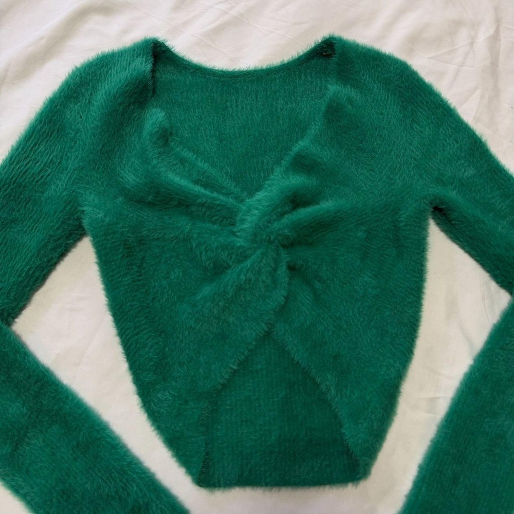 Aerie Fuzzy Knot Front Cropped Sweater Teal Green Eyelash Knit XS 065-0745-3136